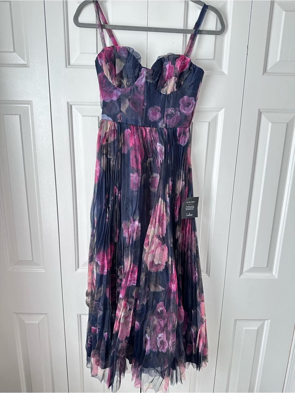 Lulus Alluring Invite Midnight Blue Floral Pleated Bustier Midi Dress XS - Picture 4 of 13